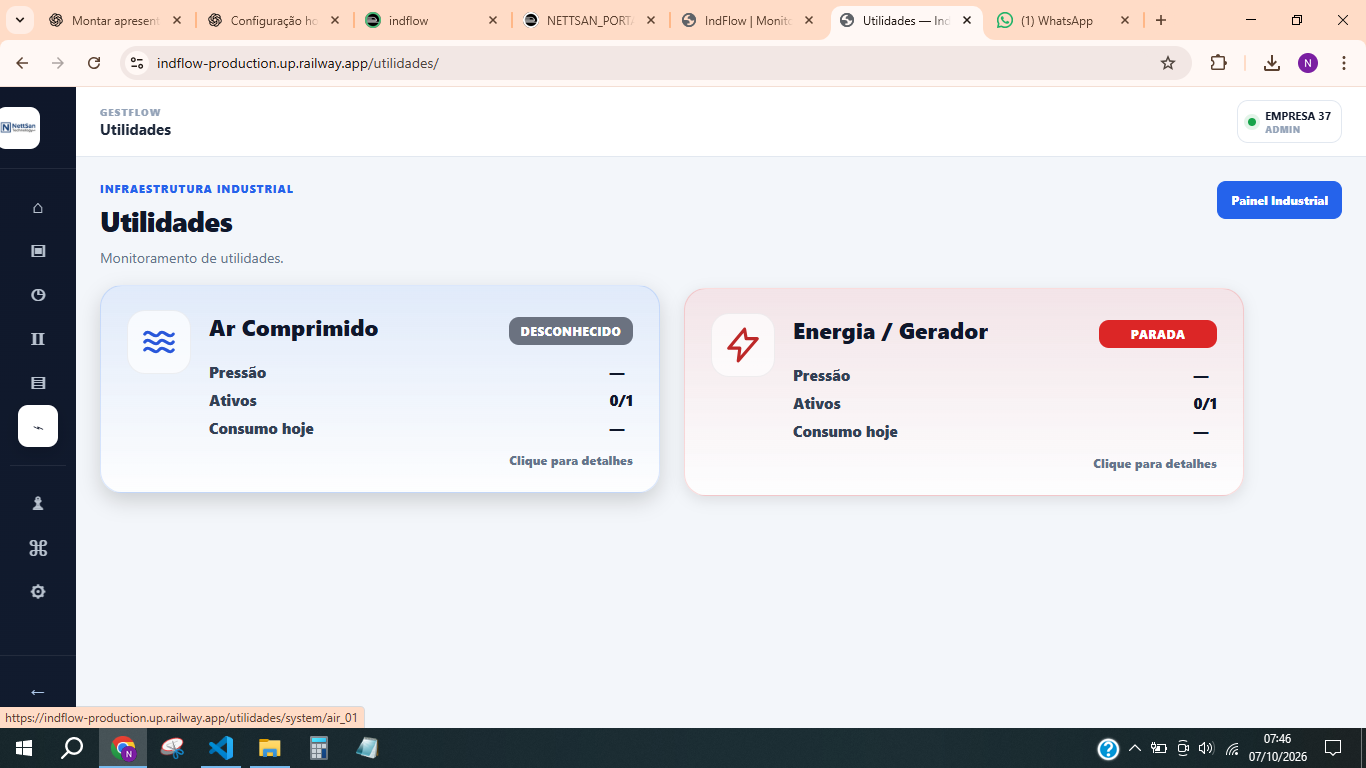 Tela real de Utilidades do IndFlow com ar comprimido e energia ou gerador