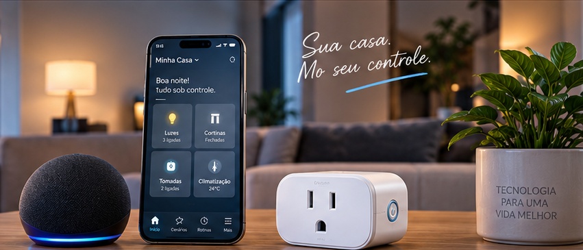 Exemplo de automação residencial com smartphone, caixa de som inteligente e tomada inteligente sobre a mesa